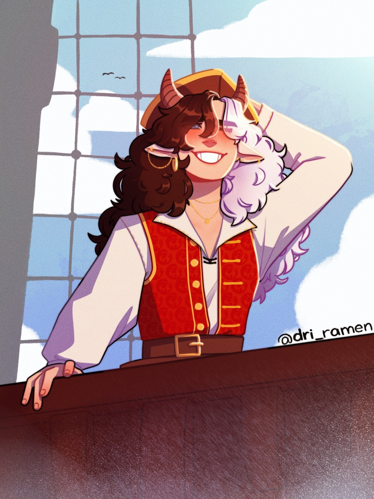 This is a drawing of Puffy in her captain/pirate outfit as a human. She has sheep's horns and ears sticking out of her split brown and white hair. She smiles toothily at the camera while holding onto her hat with one hand. Her right ear is pierced with a gold hoop and there is a small chain in the same ear, spanning the length of it. She is not wearing her coat, showing off her bright red vest and white undershirt. She wears a brown belt with a golden buckle across the vest. She stands on a ship at the railing. There are birds and roping in the background.